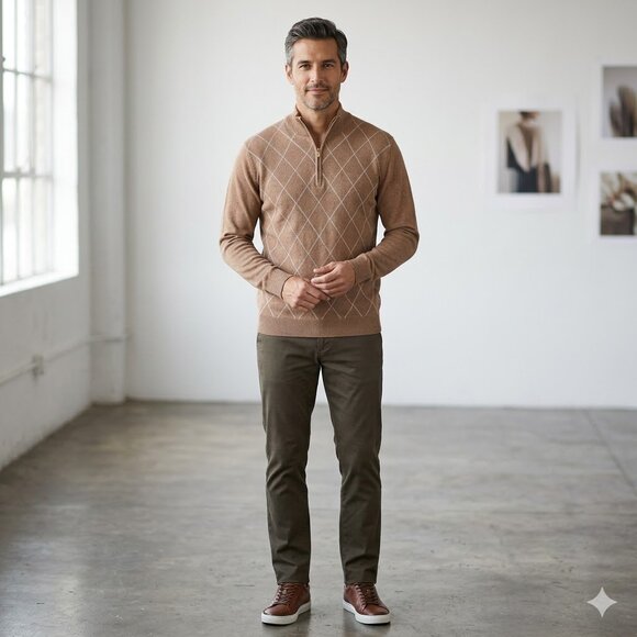 Van Heusen Other - Van Heusen Men’s Camel Tan Argyle Quarter-Zip Sweater - Size S